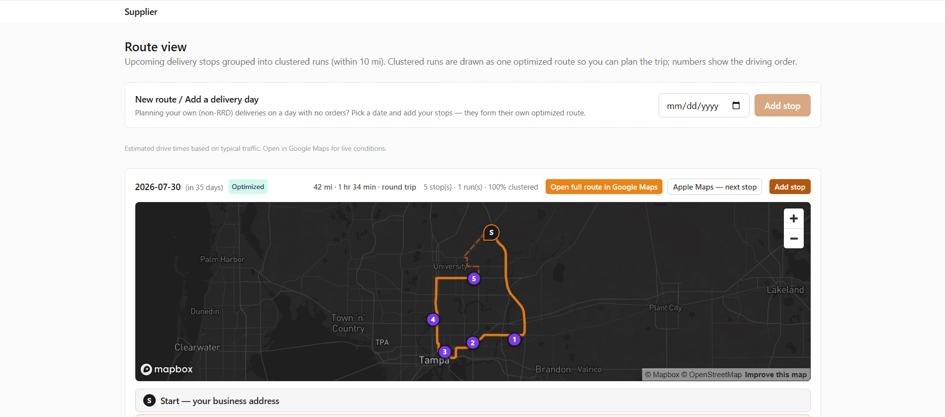 The Team Roof Roof portal Route view, clustering nearby stops within 10 miles into one optimized route with driving order and drive time.